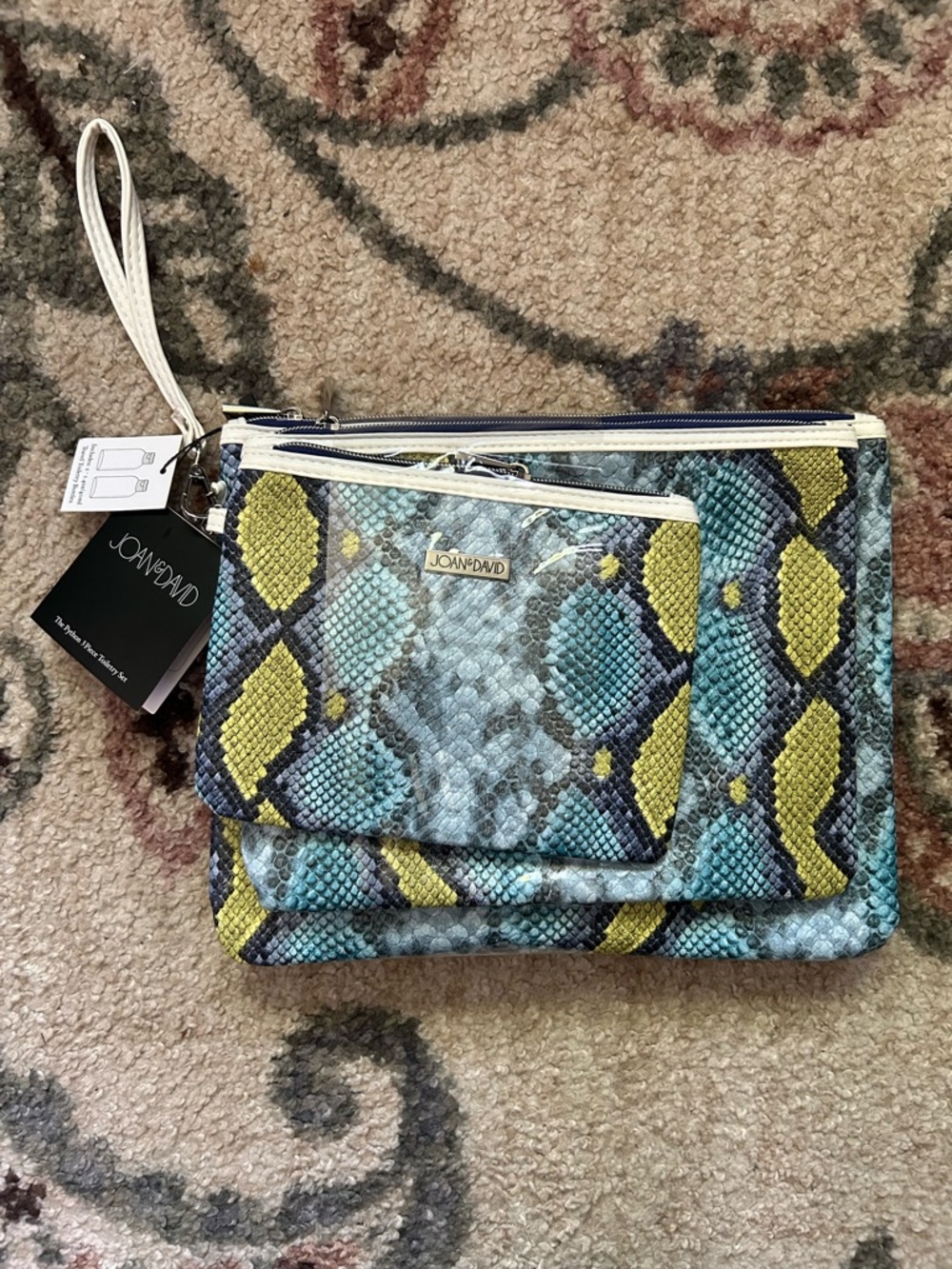 NWT Joan & David Teal Snake-Print 3 piece Toiletry Set